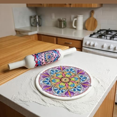 Image of Traditional Marble Chakla Belan Set - 25.4 cm Chakla / 30.5 cm Belan | Purple Mandala Pattern | Roti Rolling Board and Rolling Pin | Classic Indian Kitchen Tool