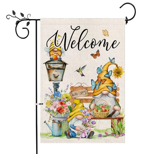 Spring Welcome Garden Flag 12 x 18 inch Double Sided Outside decorations Spring Summer Gnomes Flower Small Garden Flags for Outdoor Yard