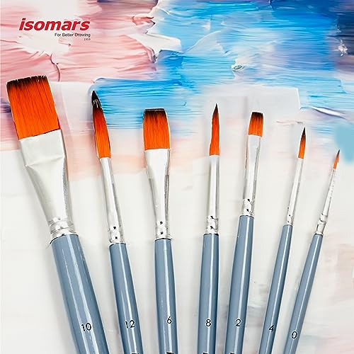 Image of Isomars Creative Paint Brush Set - Round & Flat Mix | Set of 7 Brushes for Acrylic, Watercolor, Oil, Gouache & Craft Painting | Premium Artist Flat Brushes for Canvas, DIY Art & Mixed Media
