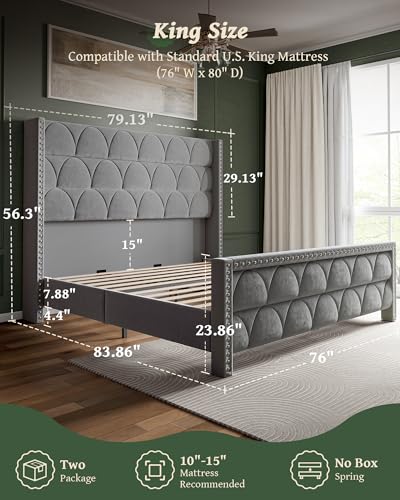 King Size Bed Frame with 56" Headboard - 1000LBS Capacity Support, Velvet Upholstered Wingback Platform Bed Frame, Noise Free, Sturdy Wooden Slat Support - Image 3