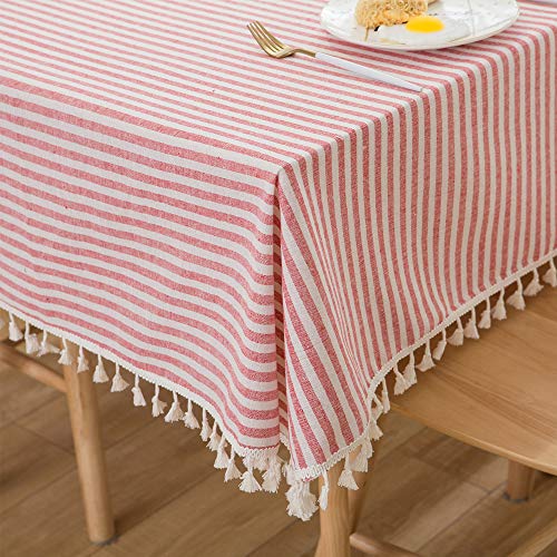 Plenmor Table Cloth Rectangle Stripe Tassels Tablecloth Rectangular Dust-Proof Cotton Table Cover for Kitchen Dinning Tabletop Decoration (140cm x 180cm Red)