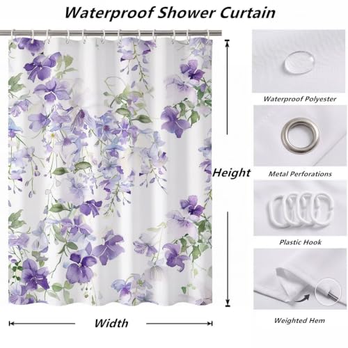 Rideau de douche 120x180cm violet en polyester lavable fleur