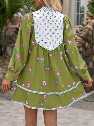 Image of Wenrine Womens Casual Floral Mini Dress Fall Long Sleeve V Neck Patchwork Loose Boho Shirt Dresses