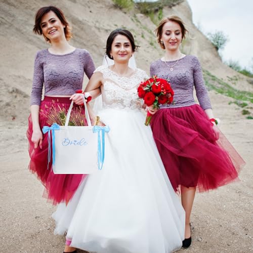 Bolsa Tote de Lona para Novia con Lazos de Satén Azules miniatura 6