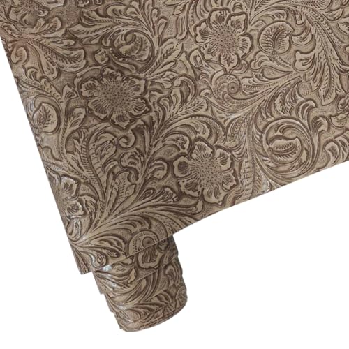 CALFOVERA Rollos de Piel Sintética En Relieve Marrón de 1.35 m X 30cm para Manualidades, Láminas de Piel Retro, Grandes, con Textura Floral Vintage, Tela Sintética para Tapicería, Pendientes
