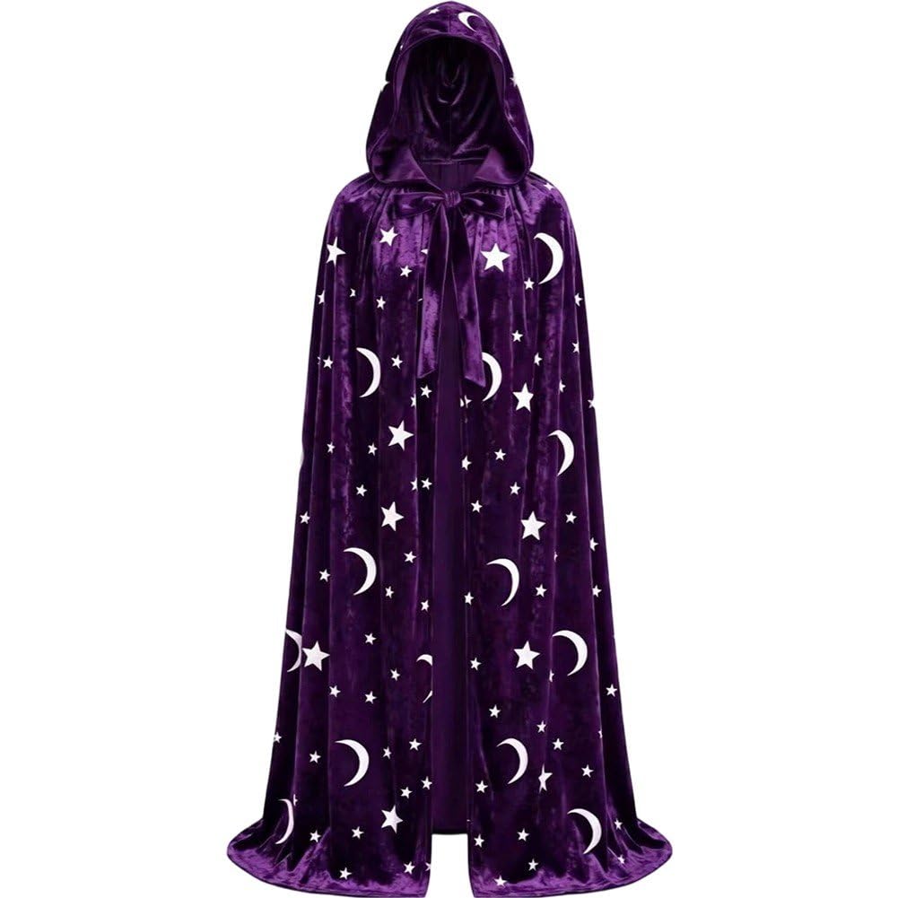 Sslvya Moon and Star Print Hooded Cloak Velvet Cape with Hood Halloween Capes Witch Costume Vampire Cloak Wizard Robe Halloween Cosplay Costume