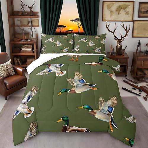 jejeloiu Cute Mallard Duck Comforter Set Twin Size Kids Wild Duck Hunting Comforter for Boys Teens Hunting and Fishing 3D Wild Animal Bedding Set Green Duvet Set Room Decor Quilt Set
