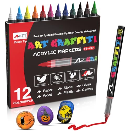 Mockredn Creative Marker Acrylic Paint Pens 12 Assorted Colours, Brush Tip No Bleed Water-Based Ink Paint Markers Writes on Most Surfaces for School & Revision Supplies