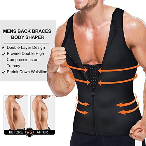 Underwear Men Shirt Tight Tank with Top Upper Back Support Brace Tummy Trimmer Body Shaper Slim Vest (Black with Hook, 2XL)