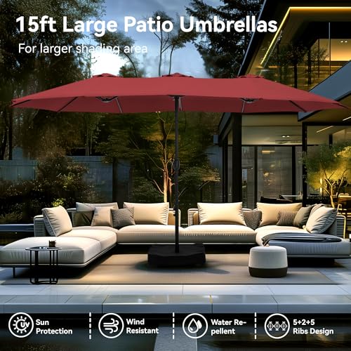 Image of PHI VILLA 15ft Large Outdoor Patio Umbrella with Base Included, Dark Red