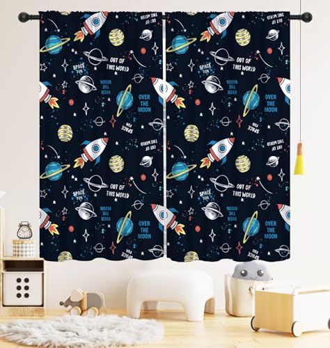 LOMADIA Space Kids Curtain,Cartoon Child Spaceman Planet Theme Blackout Curtain, Solar System Astronaut Window Treatments Drapes for Nursery Boys Girls Room Bedroom Decor 42