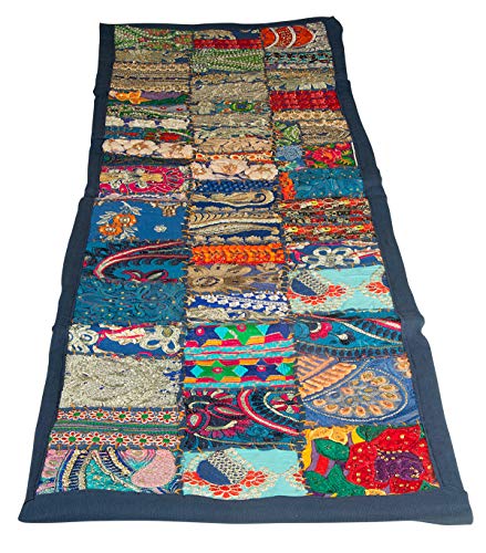 Tribe Azure 100% Cotton Table Runner Hand Embroidered Boho Bohemian Colorful Patchwork Indian Decoration Decor Tapestry (Royal Blue Floral) #TOP3