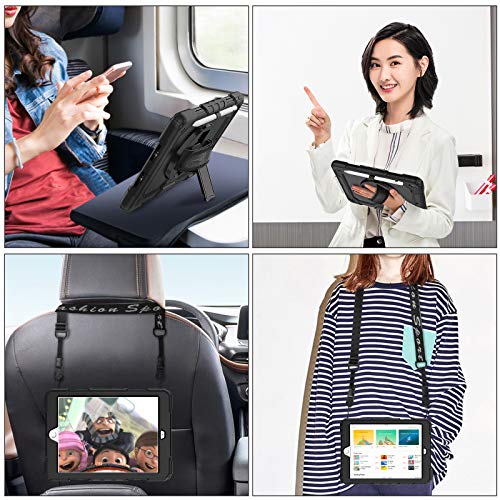 SEYMAC stock iPad 10.2インチ 第9/8/7世代 ケース 耐衝撃 保護フィルム付き ペン収納 360°回転スタンド ハンドストラップ ショルダーストラップ 全面保護カバー (ブラック)