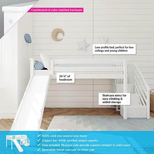 Max & Lily Low Loft Bed, Twin Bed Frame For Kids With Stairs And Slide, White & Cotton Underbed Curtains, Pink & White #TOP2