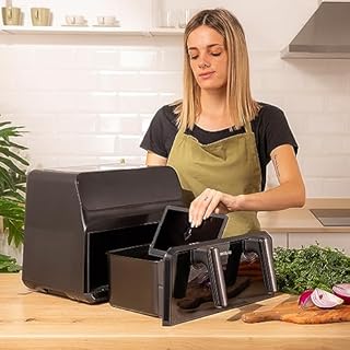 Cecotec Friteuse à Air sans Huile 9 L Cecofry Advance 9000 Window. 2200 W, Double Cuve 4,5L, Paroi Divisoria, Température Duale, Fenêtre de Visualisation, 8 Menus, Temp 60-200 ºC, Panneau Tactile