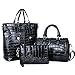Downupdown Women Handbags and Purses Set Crocodile Pattern Tote Bags Top Handle Handbags Wristlets Wallet Shoulder Bag Satchel 3 Pcs with Shoulder Strap-Black