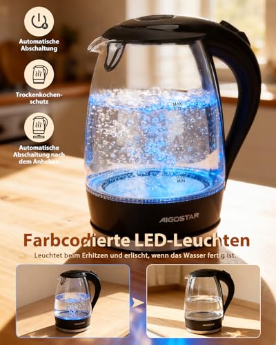 Aigostar Adam 30GOM – Borosilikatglas Wasserkocher mit LED-Beleuchtung, 2200 Watt, 1,7 Liter, Trockenlaufschutz, BPA frei, schwarz. EINWEGVERPACKUNG - 4