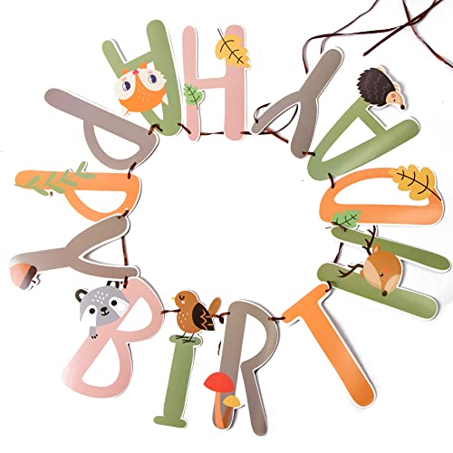 Image of SUNBEAUTY Woodland Party Decorations Woodland Happy Birthday Banner Forest Animal Garland for Kids Boys Girls Baby Shower Woodland Birthday Jungle Party Decoration Supplies | Pre-Strung