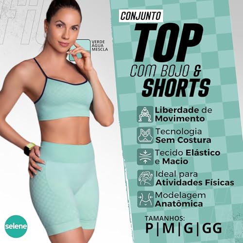Conjunto Fitness Sem Costura Selene Short e Top Academia Quadriculado Feminino Adulto | Verde Mescla