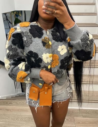 Yimoon Womens Cropped Floral Print Jacket Puff Sleeve Fleece Bomber Jacket Button Down Fall Winter Warm Outerwear2