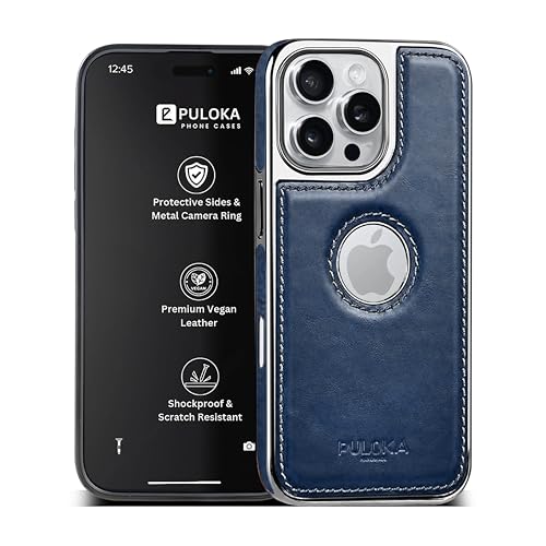Image of PULOKA Chrome Leather Back Case - Compatible with iPhone 16 Pro- Luxury Bumper Case - Flexible Vegan Leather - Electroplated Sides & Logocut - Full Camera Protetection & Raised Edges - Blue