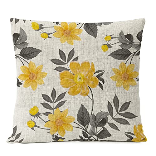 Funhom Gray Yellow Floral Throw Pillow Covers 18X18 Set Of 4 Flowers Grey Leaf Linen Cushion Cover Home Decorative Yellow Pillow Cases Office Couch Sofa Decor Pillows #TOP4