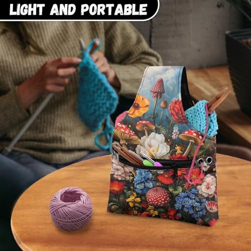 Image of Mushroom knitting Bag Organzier Yarn Bags for Crocheting Hook Organzier Lightweight Knitting Tote Bag Holding Yarn Knitting Needles,Small