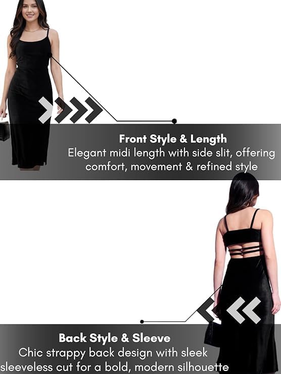 Women's Black Velvet Midi Dress, Spaghetti Strap, Square Neck, Open Back, Side Slit, Party Bodycon