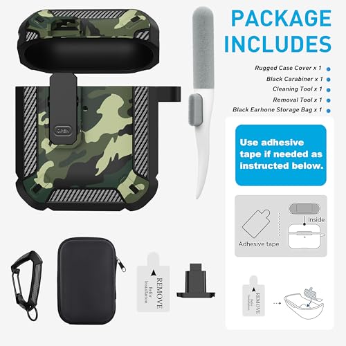 Image of Maxjoy for AirPods 2nd Generation Case Cover, AirPods Case with Lock Gen 2 Hard Shell Rugged Shockproof Protective Cover with Keychain Cleaner Kit Compatible with Apple AirPods2 AirPods1, Green Camo