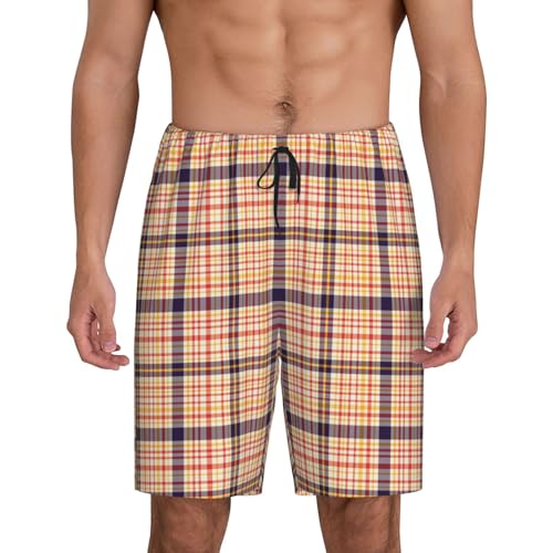 Mens Pajama Shorts, Retro Beige Plaid Print Lounge Pj Sleep Shorts for Men Sleepwear, Pajama Bottoms - Main Image
