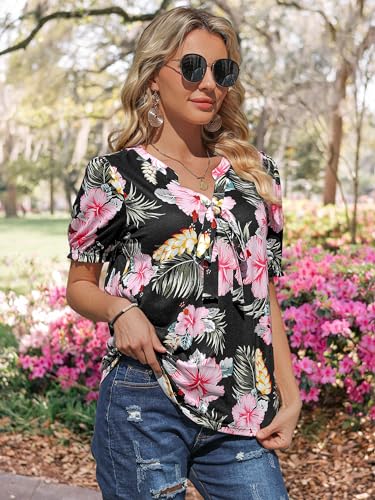ZXZY Women Hawaiian Print Puff Short-Sleeve Bow Tie V Neck Dressy Tops T-Shirt Blouse4