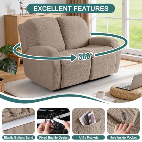 Image of Ruaozz Recliner Sofa Covers Recliner Chair Covers Loveseat Recliner Slipcovers with Pockets Washable Furniture Protector with Elastic Bottom (2 Seater, Khaki)