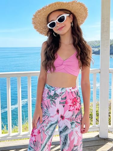 Image of Girls Swimsuit 3 Piece Bathing Suit Criss Cross Bikini Set Tropical Floral Swimwear with Mesh Cover Up Pants Size 9-16Y