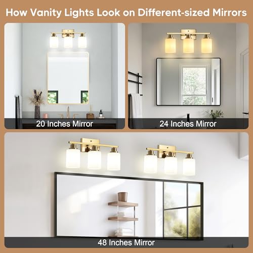 Image of Ascher Bathroom Light Fixtures, 3-Light Vanity Light Over Mirror, Gold Wall Sconces with Milky White Frosted Glass Shades, Wall Lamp for Living Room Bedroom, E26 Base(Bulbs Not Included)