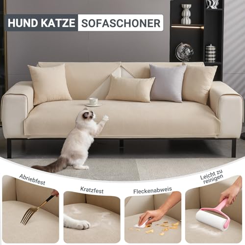 CJJZFO Sofa Überzug Weiche Chenille Sofabezug: Hund Katze Sofaschoner Anti Rutsch Vintage Couch Überzug für U Form L Form Sektionssofa für 1 2 3 4 Sitzer Sofa (Beige, 90 * 210cm)
