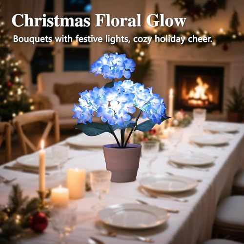 Image of Blue Artificial Hydrangea LED Flower Lamp - Lighted Floral Decor for Wedding Christmas Mother Valentines Day Birthday, Bedroom Bar Coffee Shop Home Decor, Battery-Operated Night Light, Gifts for Women