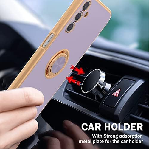 YIRSUR Case Compatible with Samsung Galaxy A14 4G/5G with 2 Screen Protector, with Ring Holder Plating Rose Gold Edge 360° Kickstand Cover Slim Soft Flexible TPU Protective Phone Case -Purple