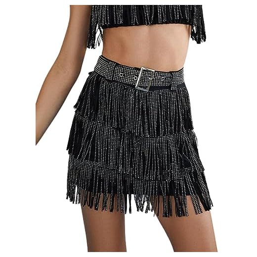 Abbigliamento Joiemont Minigonne estive da donna con paillettes scintillanti strass frangia gonna con nappe cowgirl con cintura, nero, S