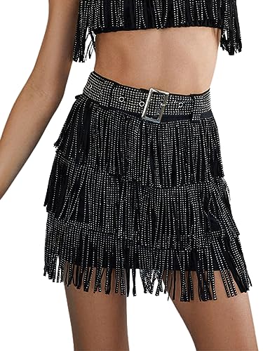 Amazon.com: ChiyeeKiss Womens Sparkle Rhinestone Fringe Skirt
