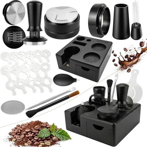51mm Espresso Accessories Kit – 26PCS Tamping Station, Tamper, WDT Tool, Distributor, Dosing Funnel, Puck Screen, Air Duster, Stirrer, Stencils, Brush & Latte Art Pen