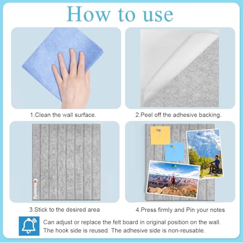 Image of Climberty 6Pcs Felt Bulletin Board Vision Board,30x30cm Self-Adhesive Wall Boards with 50pcs Drawing Pins,Felt Message for Paste Notes Photos Schedules (Grey)