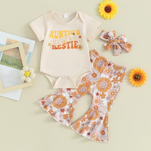 Karuedoo Newborn Baby Girl Summer Outfits Auntie's Little Bestie Romper Floral Flared Pants Headband 3Pcs Clothes Set2