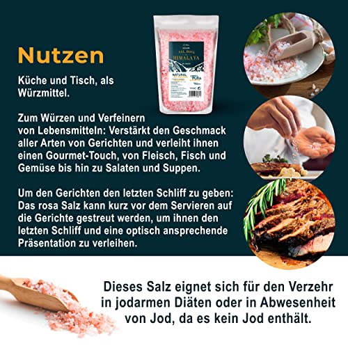 Himalaya Salz Grob, Rosa. 100% Natürlich, BIO, Ohne Zusatzstoffe, Unraffiniert. Grobes Salz Mit Hohem Gehalt An Spurenelementen. Zum Würzen Und Verfeinern. Ursprung: Pakistan.