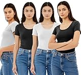 Emmalise Women's Short Sleeve Tshirt Scoop Neck Tee Value Set (4Pk, Bk, Bk, Wh, Wh, Small)