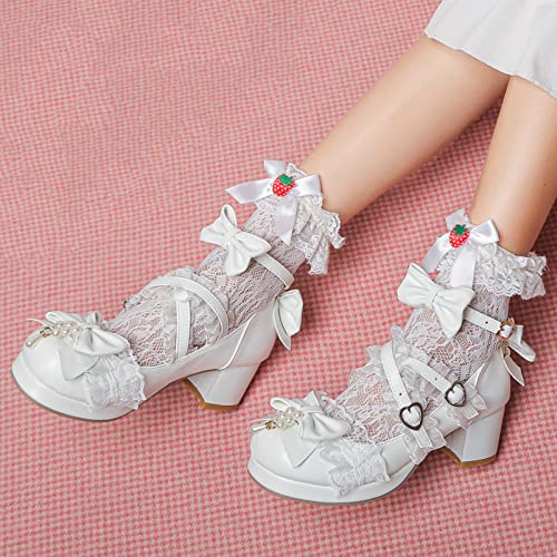 LUXMAX Women's Kawaii Shoes Cross Strap Pumps Cute Ankle Strap Mary Jane Shoes Wedding Lace Mid Chunky Heel Pumps4