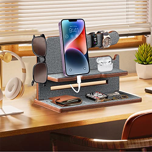 Gifts For Men,Leather Phone Stand Docking Station,Birthday Gifts For Him Dad Boyfriend Husband Guys,Watch Holder Desk Nightstand Organizer For Valentines Father's Day Anniversary Graduation From Wife #TOP3