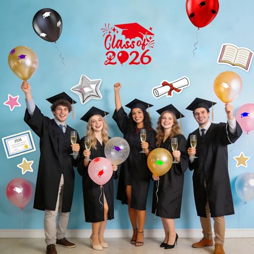 Image of 2xClass of 2026 Car Sticker & Graduation Hat Sticker Removable Graduate Caps Decal 8 inchx 7.1 inch Waterproof Vinyl Decals Arts & Crafts for Graduation Party Decorations(Red)