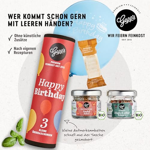 Gepp‘s Feinkost Kleines Geschenkset Happy Birthday I Geschenk gefüllt mit leckeren Delikatessen I Geburtstagsgeschenk & Mitbringsel für Erwachsene I Kleine Geschenkidee mit Gourmet Produkten