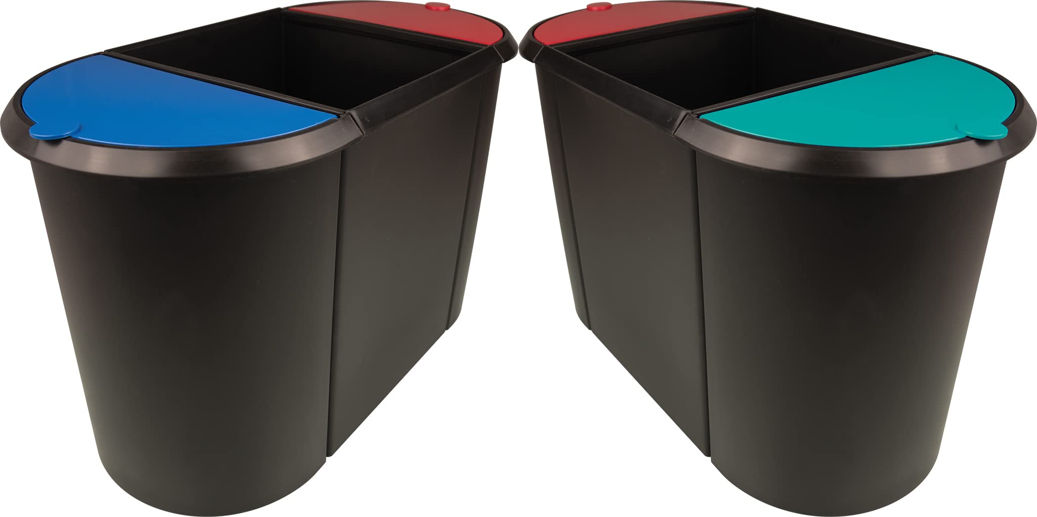 helit H6103597 - Papierkorb „the triple“, oval, umlaufender Griffrand, schwarz / rot / blau, Mülleimer 3 Fächer | Mülleimer mit 3 Fächern und umlaufendem Griffrand zur Mülltrennung