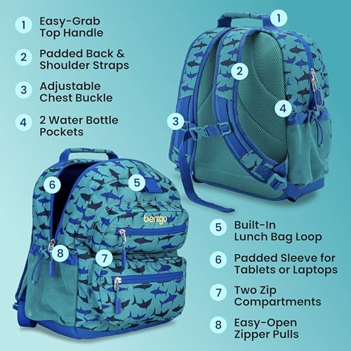 Image of Bentgo Kids Backpack - Lightweight 14 inch Backpack in Fun Prints for School, Travel, & Daycare, Ideal for Ages 4+, Roomy Interior, Durable & Water-Resistant Fabric, & Loop for Lunch Bag (Shark)